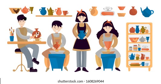 Children create a vase on a pottery wheel. Pottery wheel and ceramics. Illustration of an article, postcard, flyer, poster. A boys and a girls create a handmade clay pot. Shelf with pottery.