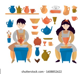 Children create a vase on a pottery wheel. Pottery wheel and ceramics. Illustration of an article, postcard, flyer, poster. A boy and a girl create a handmade clay pot. Shelf with pottery.