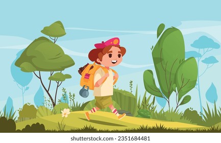 Children creative hobbies cartoon image with boy trekking outdoor vector illustration