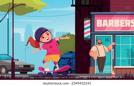 Children creative hobbies concept with happy girl riding skateboard vector illustration