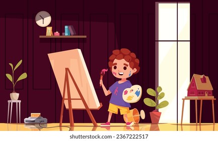 Children creative hobbies poster with happy boy drawing a picture vector illustration