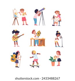 Children creative hobbies. Talented preschool kids and teenager hobby, baby artist creating drawing or play music instruments, child talent cartoon kid classy vector illustration