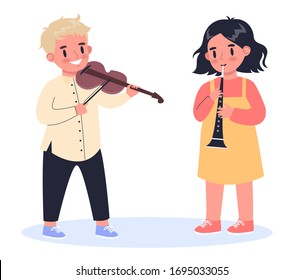 Children creative hobby concept. Boy and girl playing musical instruments. Creative and active school kid activity. Flat vector illustration