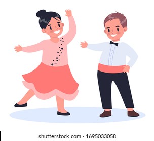 Children creative hobby concept. Dancing children in dress and suit. Ballroom and modern dances. Creative and active school kid activity. Flat vector illustration