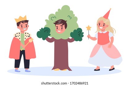 Children Creative Hobby Concept. Children Drama Club, School Play. Kid In Costume Acting Performance On Stage. Vector Illustration In Cartoon Style