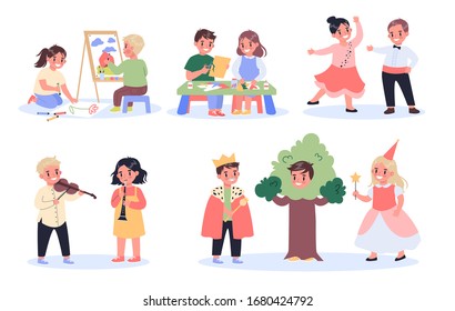 Children creative hobby set. Kids drawing, crafting, dancing, acting and playing musical instruments. Creative and active school kids. Isolated vector illustration in cartoon style