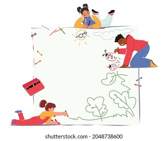 Children Creativity and Activity Concept. Kids Painting Pictures on Paper. Little Characters with Paints or Pencils Enjoy Drawing Isolated on White Background. Cartoon People Vector Illustration - Shutterstock ID 2048738600