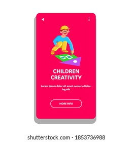 Children Creativity Draw With Color Chalk Vector. Preschool Boy Creativity Drawing House Picture With Crayon On Asphalt. Character Kid Painting Colorful Image Web Flat Cartoon Illustration