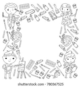 Children creativity Kindergarten, school art Boys and girls drawing and painting pictures Children art and design school