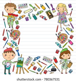 Children creativity Kindergarten, school art Boys and girls drawing and painting pictures Children art and design school