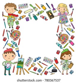 Children creativity Kindergarten, school art Boys and girls drawing and painting pictures Children art and design school