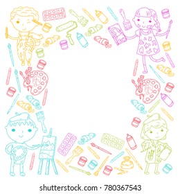 Children creativity Kindergarten, school art Boys and girls drawing and painting pictures Children art and design school