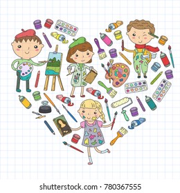 Children creativity Kindergarten, school art Boys and girls drawing and painting pictures Children art and design school