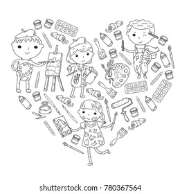 Children creativity Kindergarten, school art Boys and girls drawing and painting pictures Children art and design school