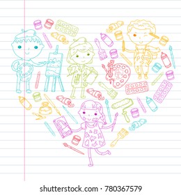 Children creativity Kindergarten, school art Boys and girls drawing and painting pictures Children art and design school