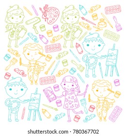 Children creativity Kindergarten, school art Boys and girls drawing and painting pictures Children art and design school