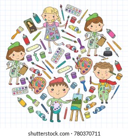Children creativity Kindergarten, school art Boys and girls drawing and painting pictures Children art and design school