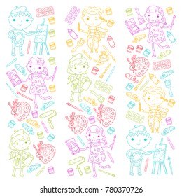 Children creativity Kindergarten, school art Boys and girls drawing and painting pictures Children art and design school