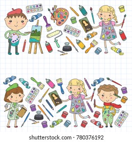 Children creativity Kindergarten, school art Boys and girls drawing and painting pictures Children art and design school