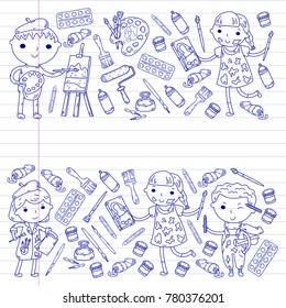 Children creativity Kindergarten, school art Boys and girls drawing and painting pictures Children art and design school