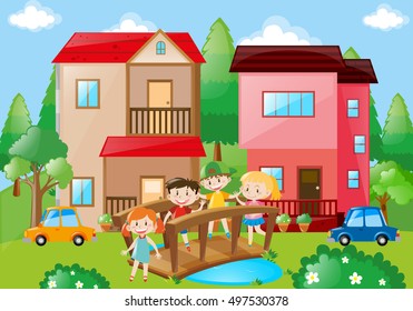 Children Crossing Bridge In Neighborhood Illustration