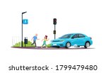 Children crossing at red light semi flat RGB color vector illustration. Kids running crosswalk while a car is coming. Breaking safety rules. Isolated cartoon character on white background