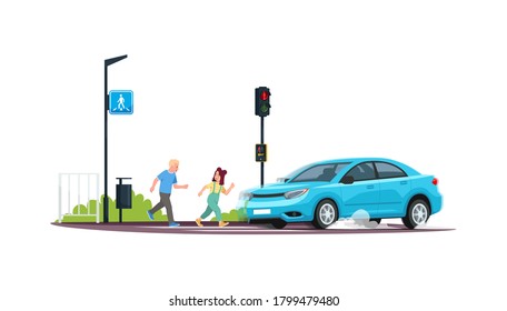 Children Crossing At Red Light Semi Flat RGB Color Vector Illustration. Kids Running Crosswalk While A Car Is Coming. Breaking Safety Rules. Isolated Cartoon Character On White Background