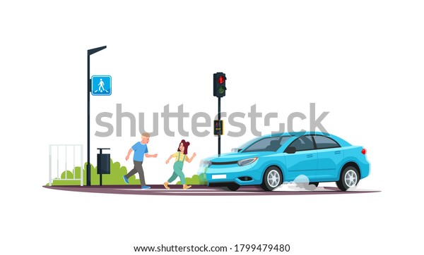Children\
crossing at red light semi flat RGB color vector illustration. Kids\
running crosswalk while a car is coming. Breaking safety rules.\
Isolated cartoon character on white\
background