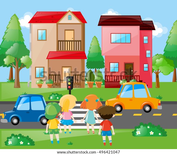 Children Crossing Road Neighborhood Illustration Stock Vector (Royalty ...