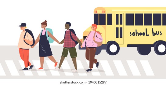 Children crossing road on crosswalk. Group of cute schoolchildren pedestrians on street zebra holding hands. Cross road safely concept. Cartoon flat vector illustration