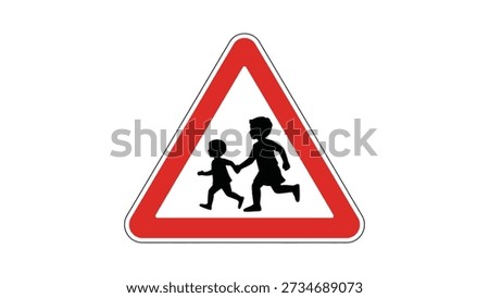 Children crossing road warning symbol with running kids silhouette inside red triangular traffic sign isolated on white background for safety awareness