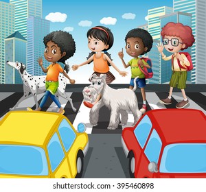 Children crossing the road at zebra crossing illustration