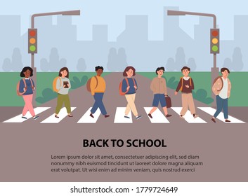 Children crossing street along crosswalk. Kids going back to school concept. School pupil walking across pedestrian crossing. Road safety rules for kids, educational flyer with place for text. Vector.