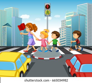 Children Crossing Street In City Illustration