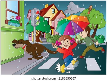 Children crossing at traffic lights, color worksheet