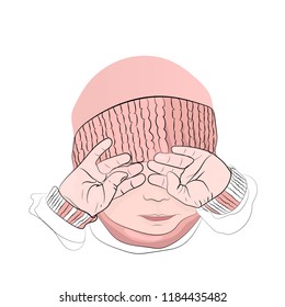 children cry. a little girl in a pink hat. covers his face with his hands. outline technique