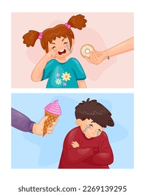 Children cry for sweetness. Collection of illustrations with boy and girl manipulating parents to get candy or ice cream. Crying hysterical babies. Cartoon flat vector set isolated on white background