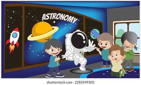 Children are curious about learning experience doing activities with astronaut model in classroom at school, flat style vector illustration