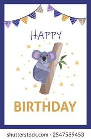 Children cute animal card. Koala bear and rocket. Greeting card Happy Birthday. Invitation.