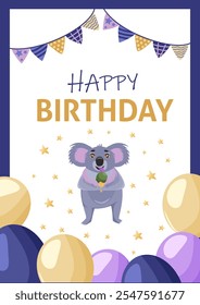 Children cute animal card. Koala bear and ice cream. Greeting card Happy Birthday. Invitation.