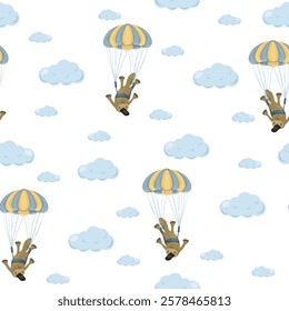 Children cute animal seamless pattern. Platypus with a parachute in the clouds. Duckbill in the sky. Vector illustration