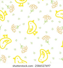 Children cute animal seamless pattern with vector chicks and flowers on a white background. Yellow baby bird.