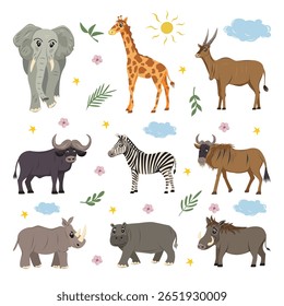 Crianças bonitinho conjunto animal. Herbívoros da savana africana. Elefante, girafa, antílopes, zebra, javali, búfalo, rinoceronte e hipopótamo. Ilustração vetorial.