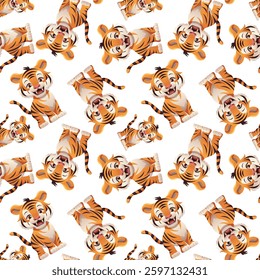 Children cute animals background. Tiger childish pattern. Vector illustration.	