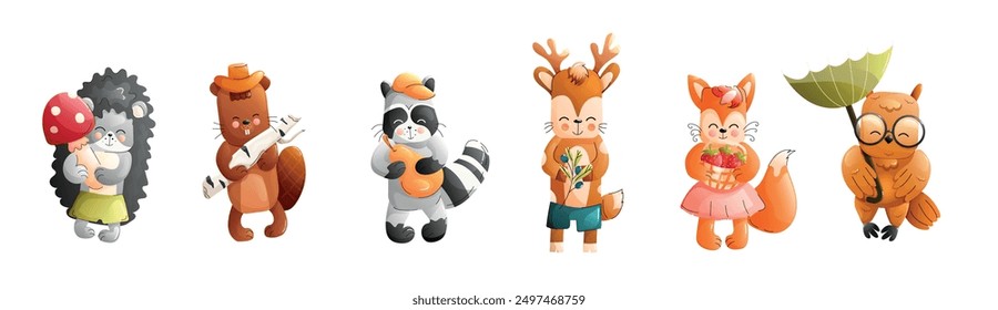 Children cute animals isolated on white background. Forest animals characters. Vector.