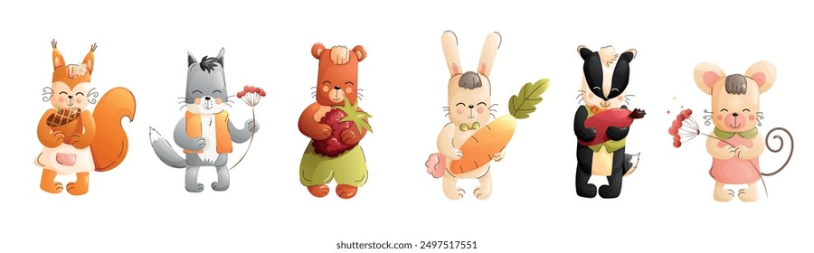 Children cute animals isolated on white background. Forest animals characters. Vector.