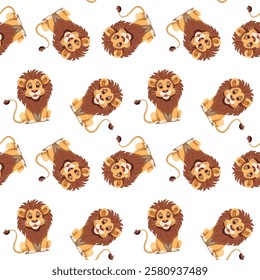 Children cute animals pattern. Lion childish background. Vector illustration.