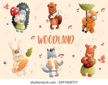 Children cute animals set featuring a hedgehog, beaver, owl, rabbit, wolf, bear with autumn elements.