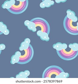 Children cute background. Blue rainbow and clouds seamless pattern. Vector Illustration.