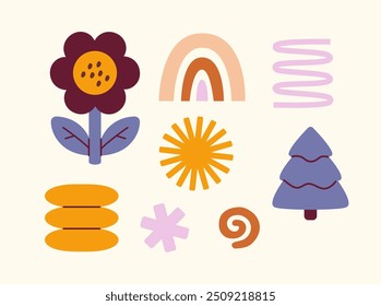 Children cute boho stickers set. Rainbow, sun and flower. Bohemian style icon. Trendy patterns and ornaments. Creativity and art. Flat vector collection isolated on beige background